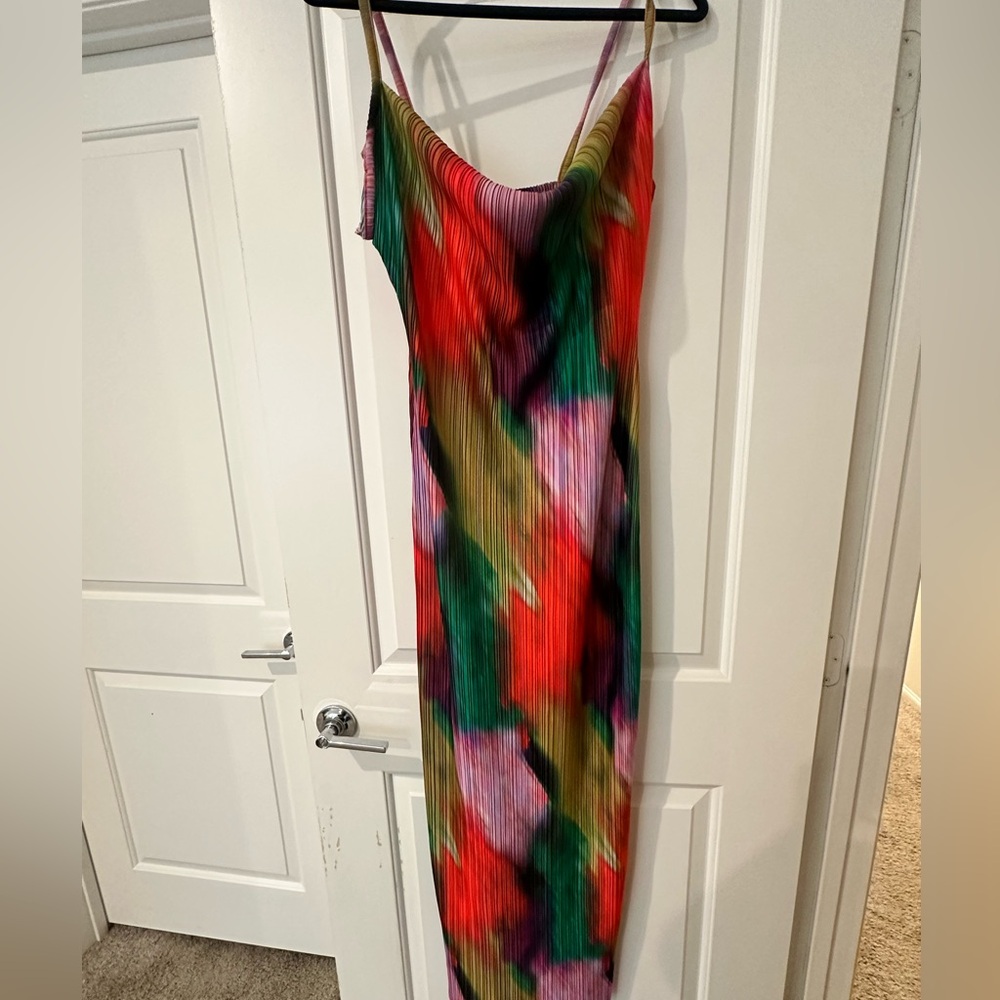 PrettyLittleThing Multi Printed Plisse Cowl Neck Maxi Dress